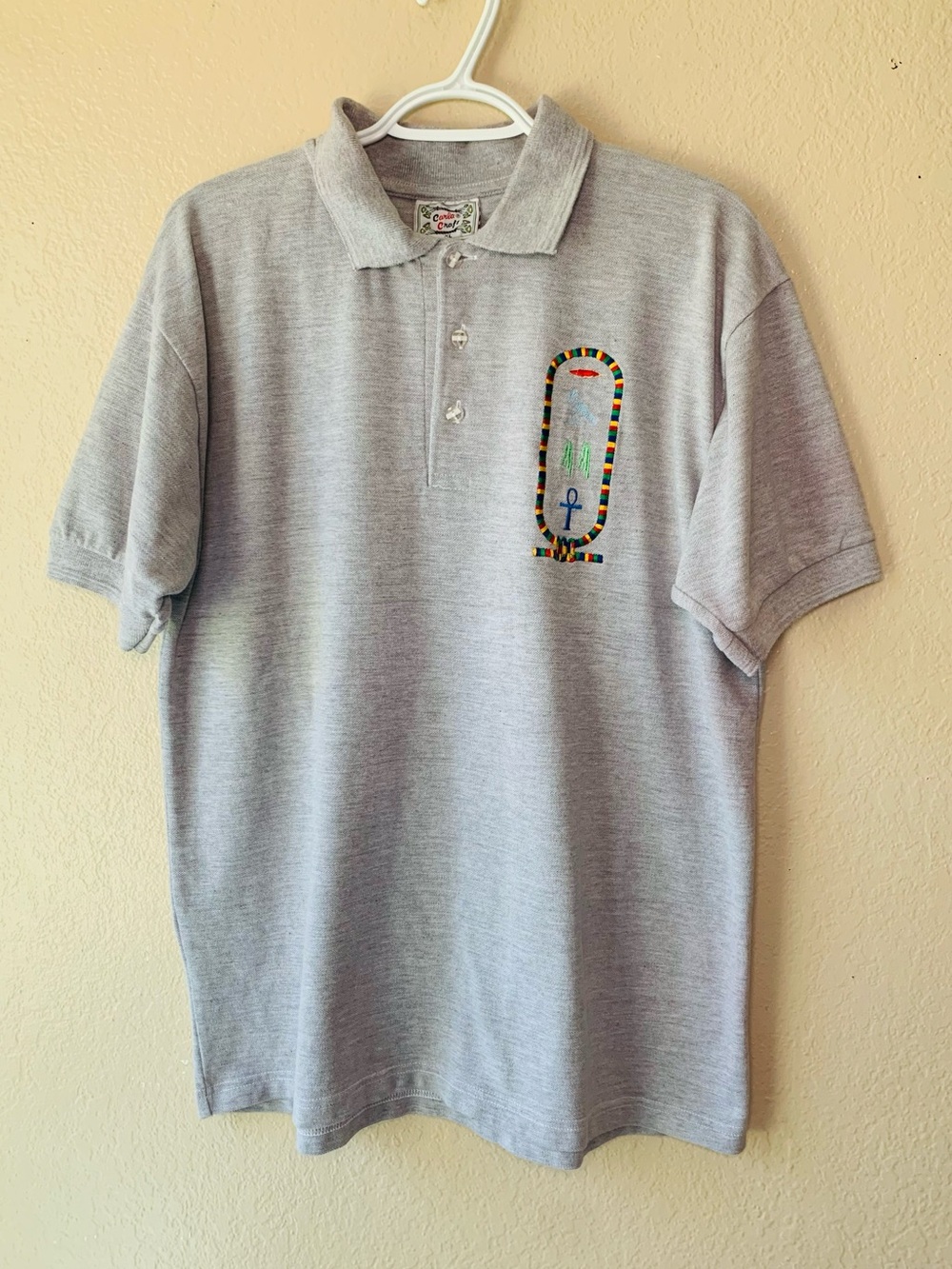 Carla Craft 100% Egyptian Cotton Embroidered Cartouche Preppy Polo Shirt Size XL